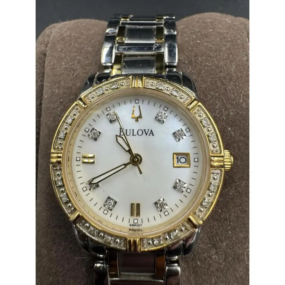 Bulova Watch Women 26mm Silver Gold Tone 98R107 MOP Diamond with New Battery  VG
